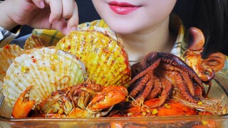 ASMR MUKBANG SPICY SEAFOOD (OCTOPUS , 2SHELLS CRAB , SCALLOPS WITH ENOKI MUSHROOM) | LINH-ASMR 먹방