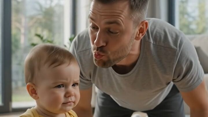 Father playing horse with baby