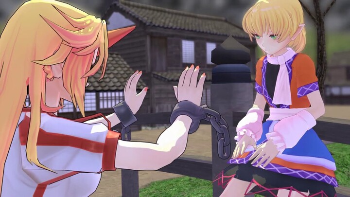 a god of war scene but with yuugi and parsee