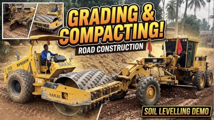 CAT 140H Grader & SAKAI SV520TF Roller Working Together