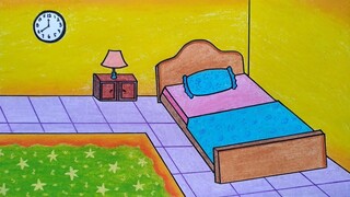 Menggambar dan mewarnai kamar tidur || Cara menggambar pemandangan kamar