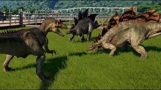 Jurassic World Evolution - 2 Stegosaurus & 2 Allosaurus Breakout & Fight! (1080p 60FPS)