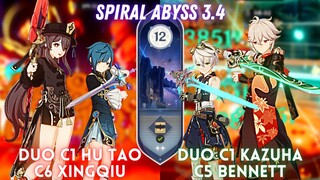 Duo C1 Hu Tao Xingqiu & C1 Kazuha DPS Bennett | Spiral Abyss 3.4 Floor 12 - 9⭐