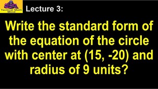 Write the standard form of the equation of the circle with center at (15, -20) and radius of 9.