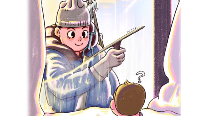 Building caretaker jokes around with the little baby while cleaning the windows