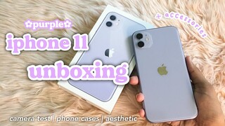 iphone 11 unboxing 2022 aesthetic ( 128 gb, purple, cute cases, accesories ) + camera test