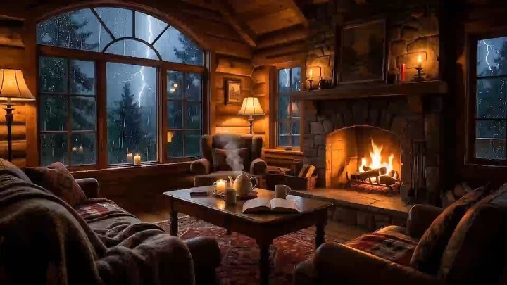Cozy Cabin Rainy Night | Relaxing Piano & Heavy Rain Sounds for Deep Sleep, Study & Focus (1 Hour)