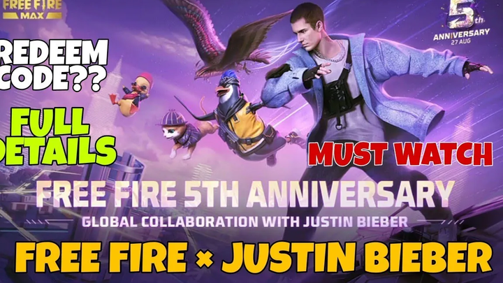 Free Fire × จัสติน บีเบอร์ 😱 Free Fire รางวัลครบรอบ 5 ปี กิจกรรม แลกรหัส Justin Bieber