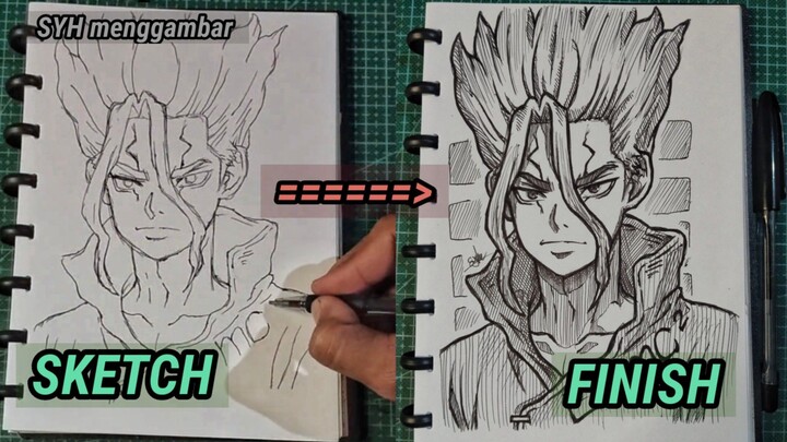 menggambar ishigami senku dengan mudah, speed drawing ishigami senku from dr stone