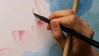 The process of Chinese painting a lotus from scratch, Chinese painting boneless lotus