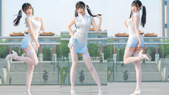 Cute dancing to Rainbow beat with Chinese traditonal clothing on