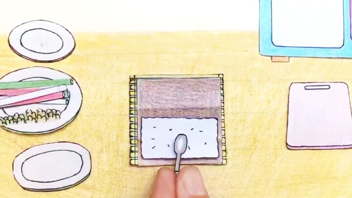[แอนิเมชั่นสต็อปโมชันที่วาดด้วยมือ] ทำซูชิแล้วนำไปแช่ในตู้เย็นก่อนรับประทานอาหารซึ่งเป็นวิธีที่ดีในก
