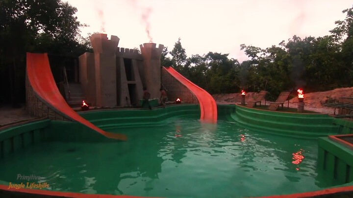 Forest Man building a luxurious house with swimming pool with forest things