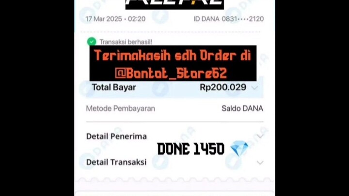 bukti Pembayaran Payment Top Up Game Online Pesanan Dari player Sultan