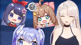 The SHE trio eating egg tarts in front of La Jie who is allergic to eggs