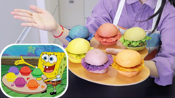Đây là chiếc hamburger nhiều màu thành công nhất của SpongeBob! Phục dựng 100% nguyên liệu thật!