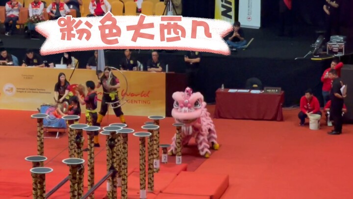 2023云顶世界狮王争霸赛出现一只可爱呆萌粉色狮子，还是个女狮头小姐姐舞的