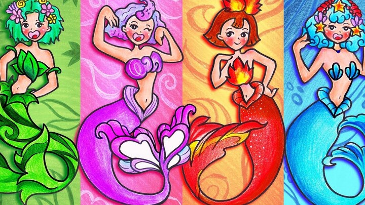 Mermaids with four elements of flame, water, air and earth