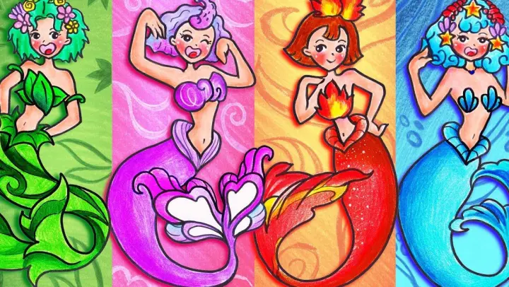 Mermaids with four elements of flame, water, air and earth