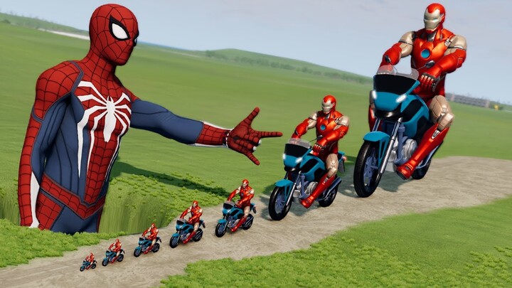 Big & Small Iron Man on Motorcycle vs Spider-Man Obstacles | BeamNG.Drive