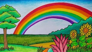 Menggambar pelangi warna warni || Menggambar pemandangan alam dan pelangi