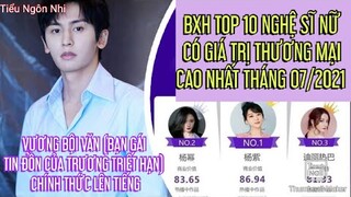 TOP 10 NGHỆ SĨ NỮ CÓ GIÁ TRỊ THƯƠNG MẠI CAO NHẤT 07/2021; VƯƠNG BỘI VĂN ĐĂNG BÀI VIẾT...