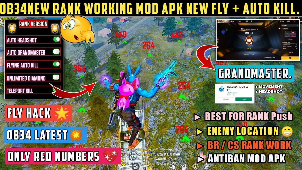 Free Fire Max Mod Menu Hack OB34 Update Today,100% Rank+Fly+Vbadge