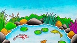 Menggambar pemandangan kolam ikan || Cara mewarnai gradasi ikan hias