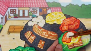 [Stop-motion animation] Grilling fragrant pork belly on grandma's pot lid｜Healing short film