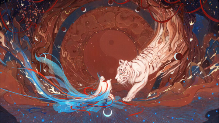 Ilustrasi gaya Tiongkok asli "Harimau Putih" dan "Xuanwu"