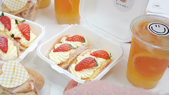 Cheese Mochi, Sparkling Drink and Strawberry Dessert