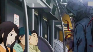 This evil ghost is slashing at a man with an axe on the train, but only the girl can see him!