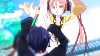Female lead: I just raised my leg high, Male lead: Blue and white stripes~