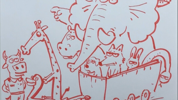 The son just draws a few strokes and the father draws a picture.