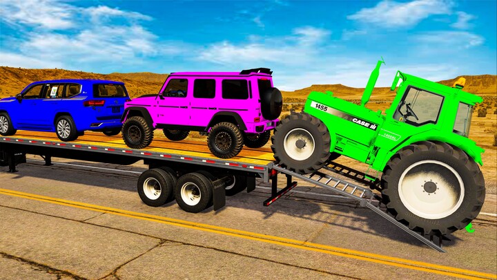 平板卡车麦昆或拖拉机 | 卡车运输 - 坑洼对决汽车 #1 BeamNG.Drive
