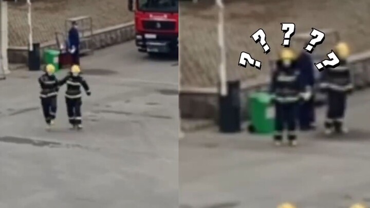 消防员归来排队消毒，手牵手像极了小朋友：谁还不是个宝宝