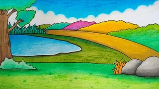 Cara menggambar telaga || Menggambar pemandangan hutan