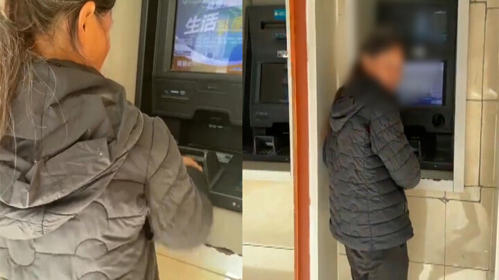 Middle-aged woman frantically presses buttons on the ATM; a well-meaning passerby who tries to help 
