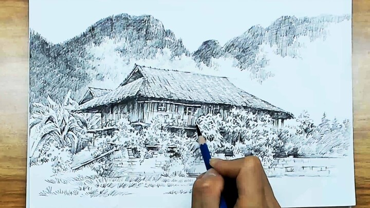 [Vẽ tranh] Ngôi nhà nhỏ trên núi