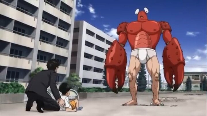 one punch man saitama mengobrol dengan kepiting