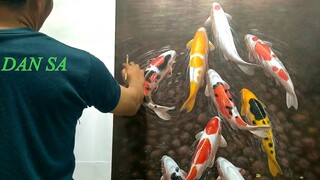 CARA MELUKIS - MENGGAMBAR IKAN KOI SEARAH KE ATAS DAN TERATAI / ACRYLIC PAINTING OF KOI FISH, TTR 67