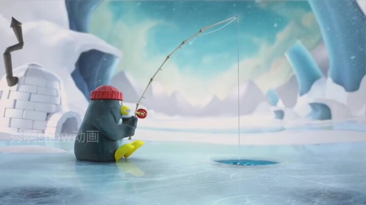 Penguins use high-tech fishing to cause ice to break, lose their homes, funny animated short