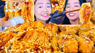 SPICY ENOKI MUSHROOM & KOREAN FRIED CHICKEN W/ NUCLEAR FIRE SAUCE | ASMR MUKBANG