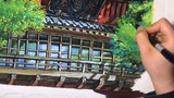 Hand Painted Hayao Miyazaki Spirited Adegan Lukisan Proses Lukisan Cat Air Buram