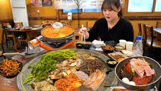 대형 돌판에 구워먹는 삼겹살과 소갈비살🥩 치즈 듬뿍 올린 볶음밥은 디저트 | 우삼겹, 비빔냉면, 김치찌개, 꼬들살 | 용인 돌풍 MUKBANG