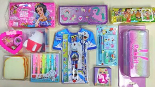 unboxing doraemon kit, makeup box, calculator pencil case, unicorn geometry box, sharpener,  eraser
