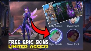 FREE EPIC SKINS LIMITED ACCESS | NIGHT SHADE LING, LIGHTBORN, SABER VENOM AND MORE | MOBILE LEGENDS