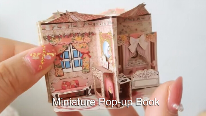 Miniatur Buku Pop-Up Rumah Boneka Rumah Kecil Oranye Pink