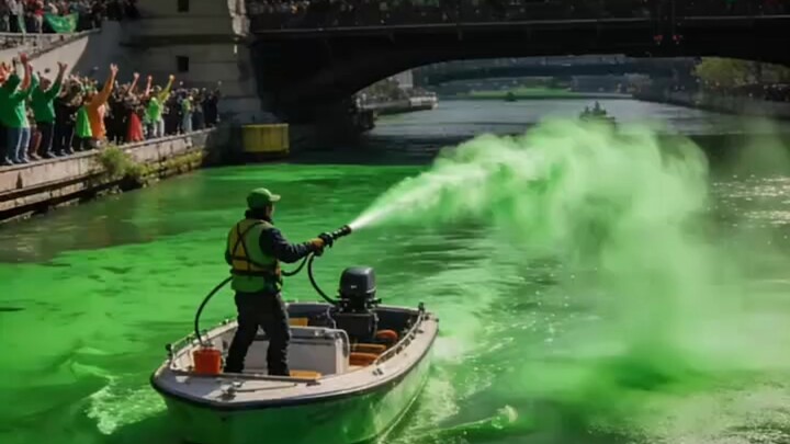 Seluruh air laut di kota berwarna hijau