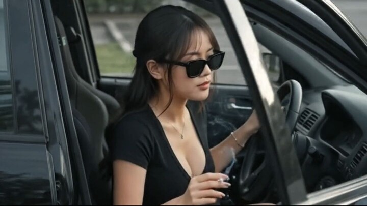 cute girl with black car